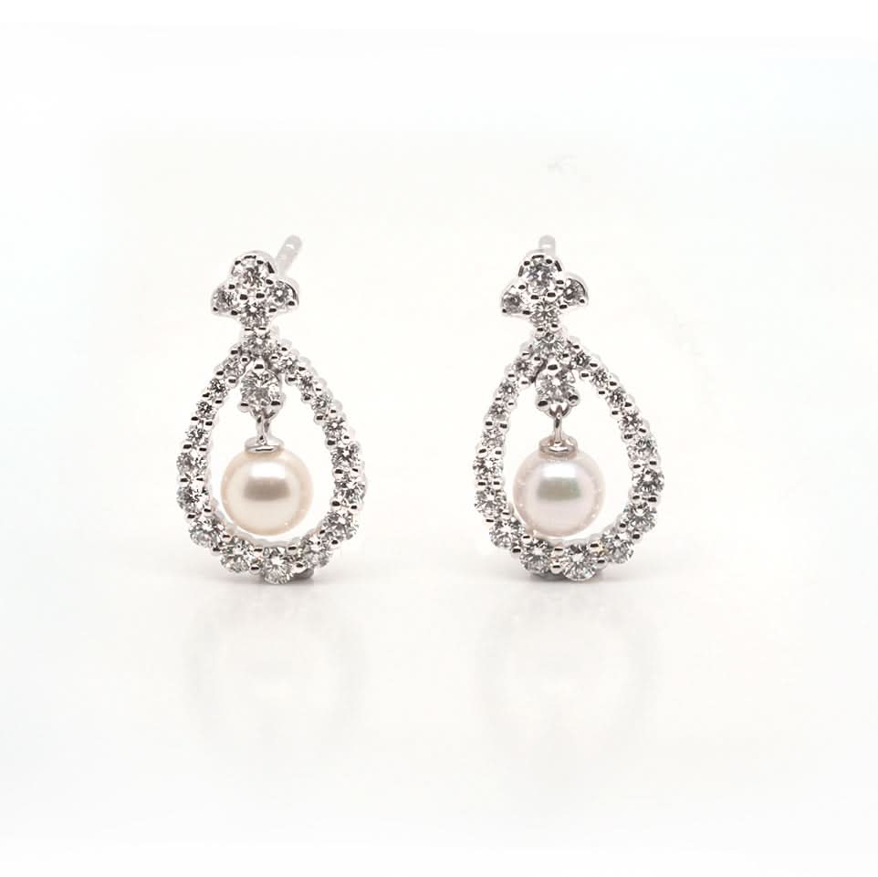 Ogden of Harrogate Jewellery 18ct White Gold Akoya Pearl and Diamond Surround Drop Earrings
