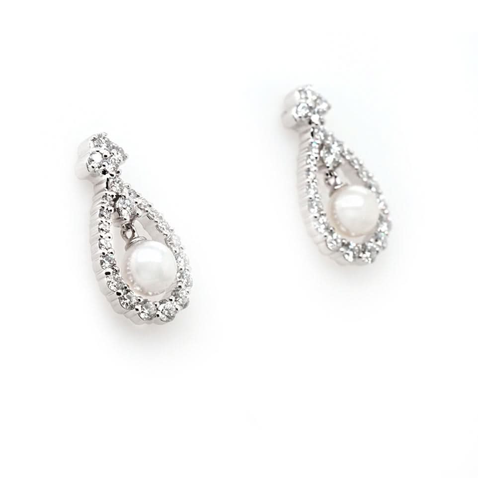Ogden of Harrogate Jewellery 18ct White Gold Akoya Pearl and Diamond Surround Drop Earrings