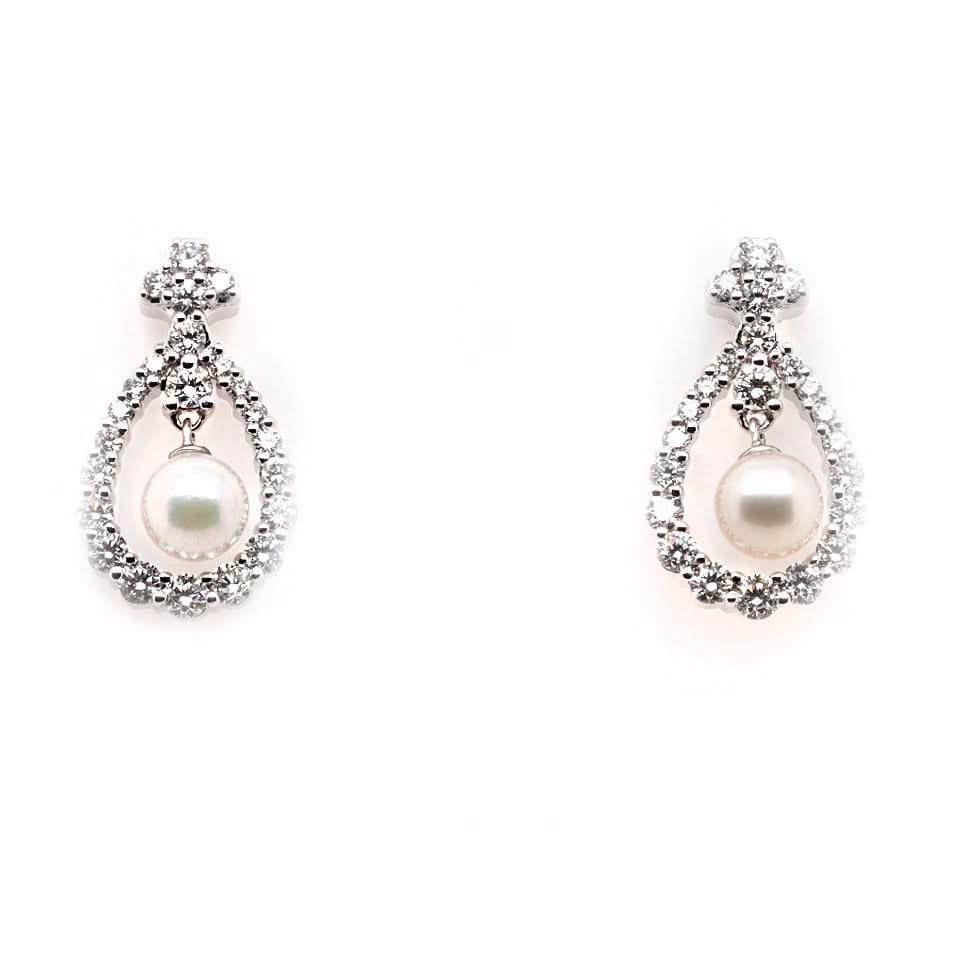 Ogden of Harrogate Jewellery 18ct White Gold Akoya Pearl and Diamond Surround Drop Earrings
