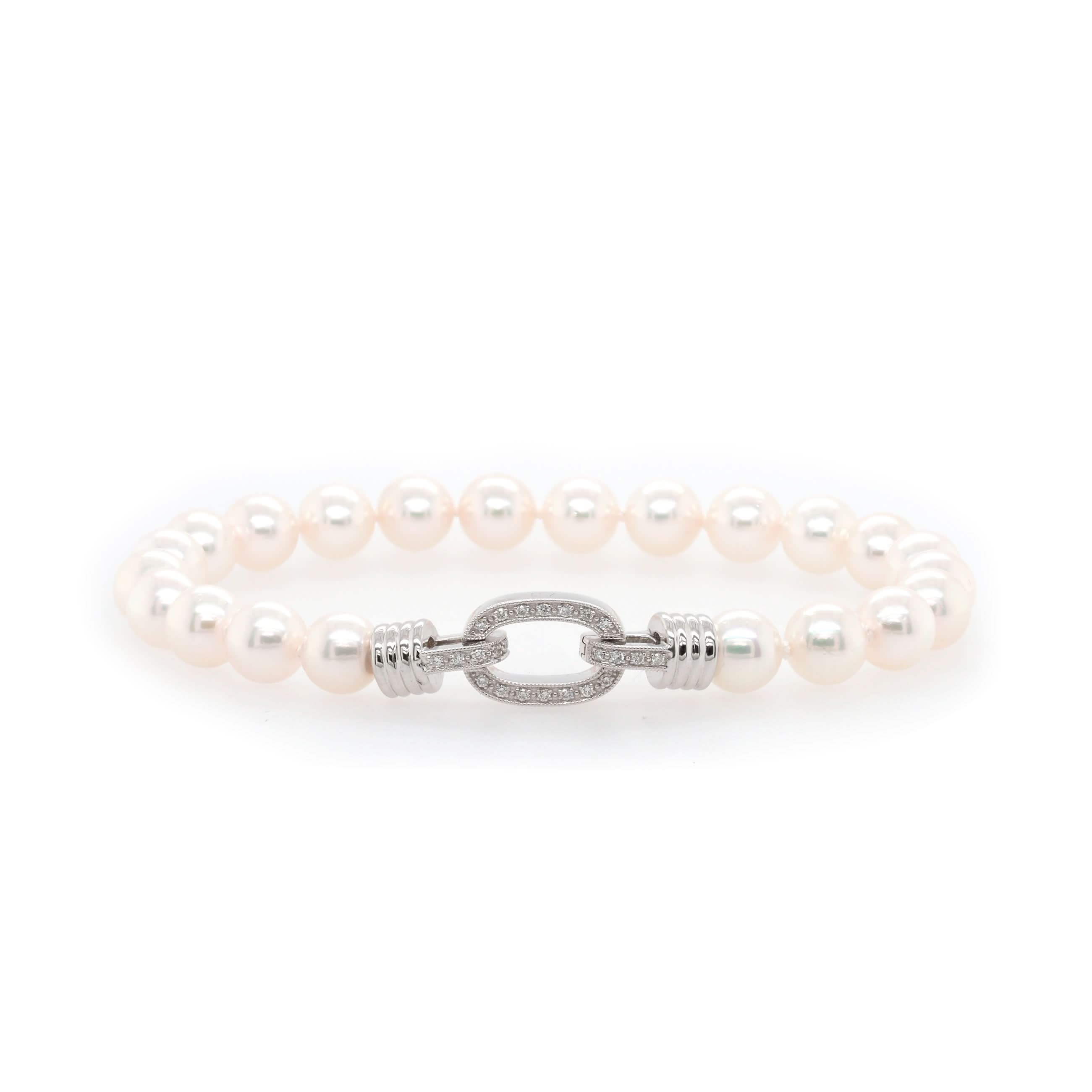 Ogden of Harrogate Jewellery 18ct White Gold Akoya Pearl Bracelet with Diamond-Set Chain-Link Clasp