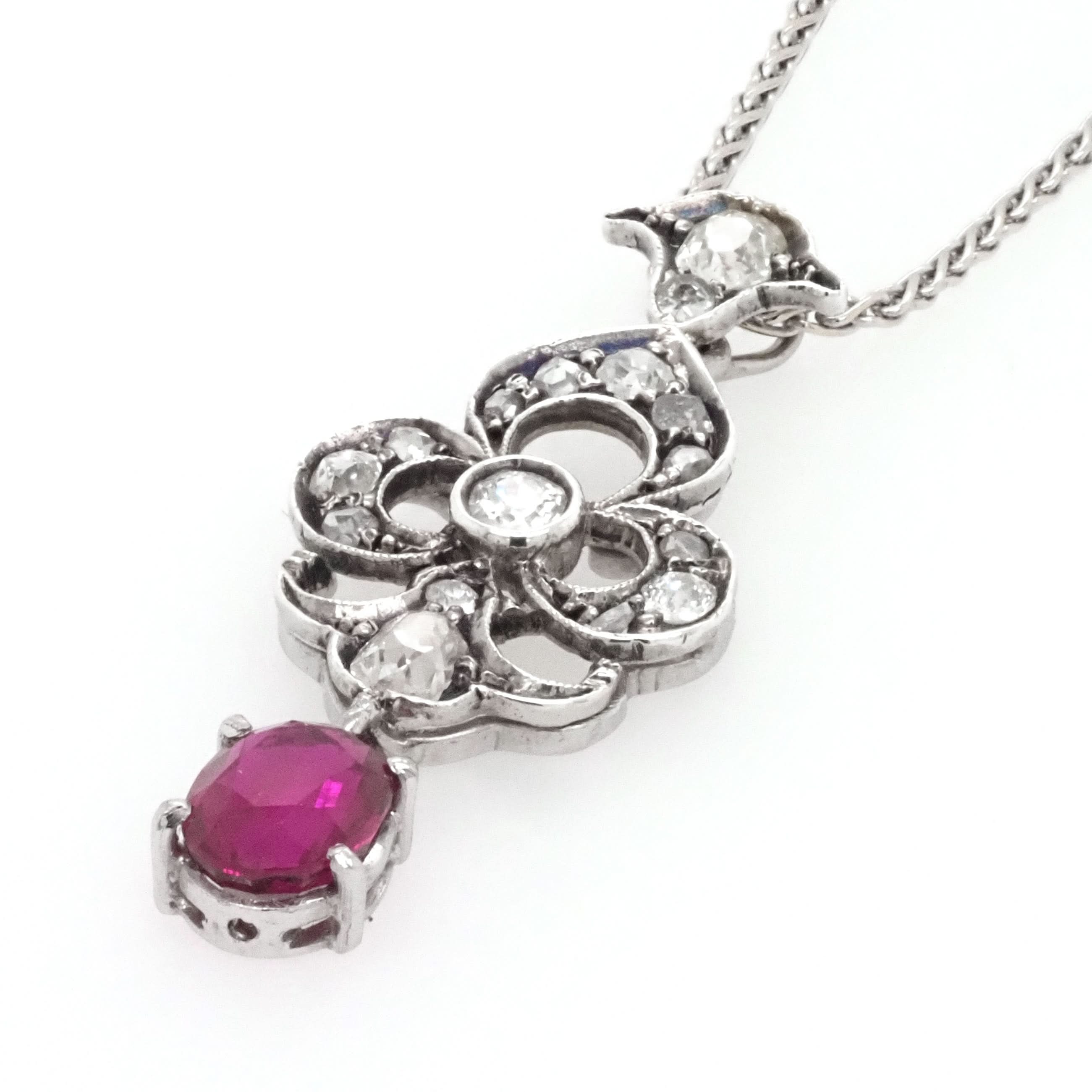 Ogden of Harrogate Jewellery 18ct White Gold and Silver Ornate Oval Ruby and Diamond-Set Pendant