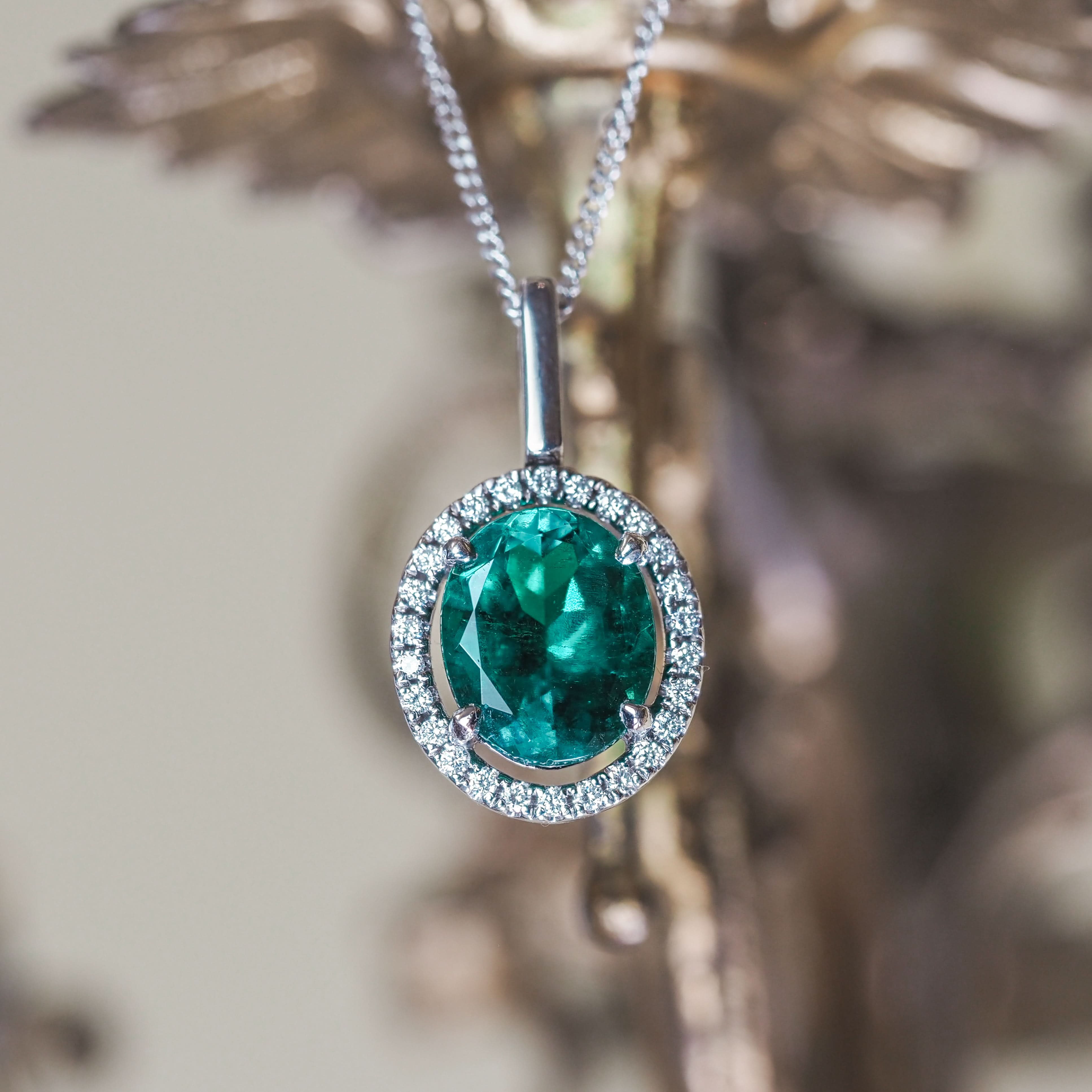 Ogden of Harrogate Jewellery 18ct White Gold Colombian Emerald and Diamond Cluster Pendant, 3.80cts