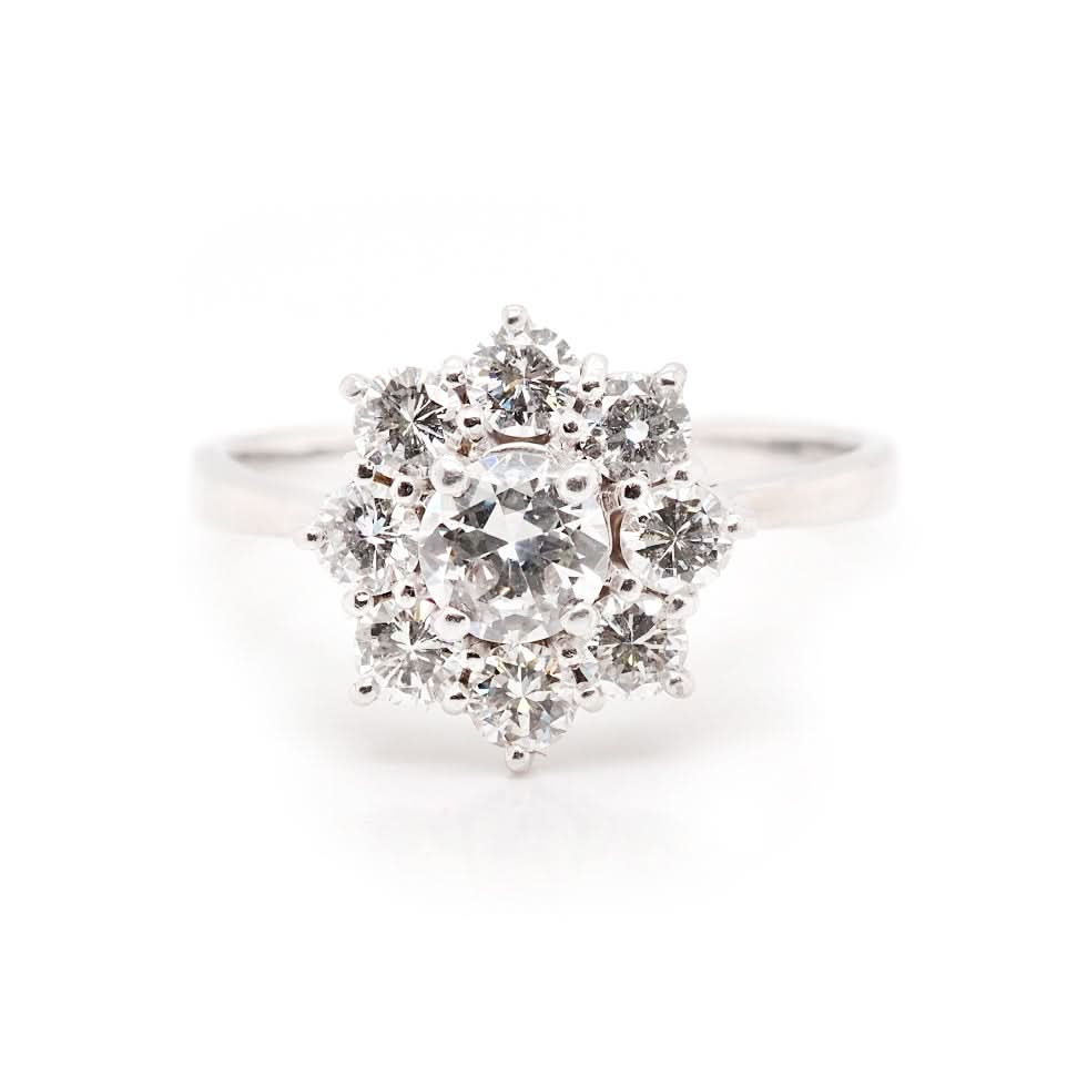 Ogden of Harrogate Jewellery 18ct White Gold Diamond Cluster Ring with Centre Stone and Eight Surrounding Diamonds