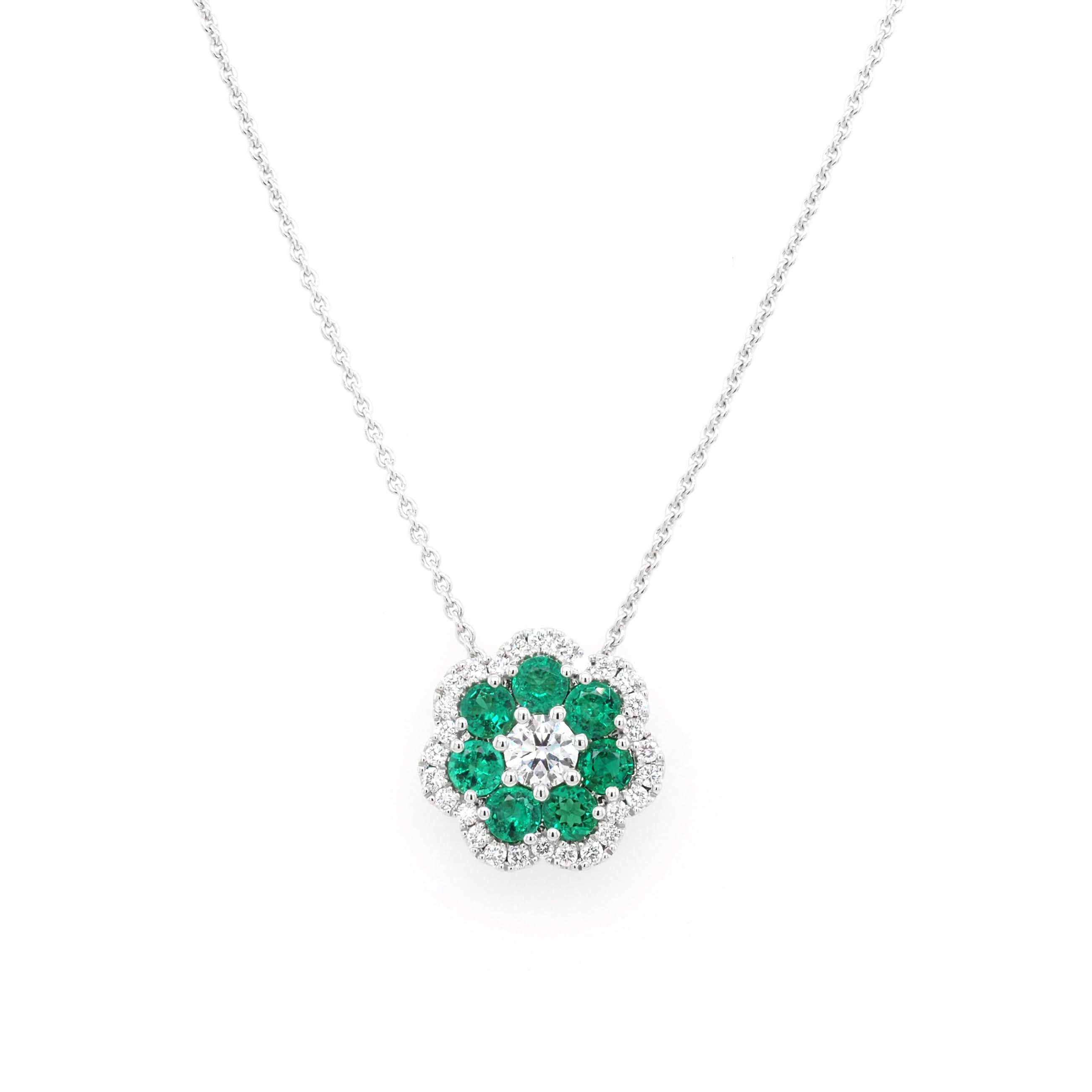 Ogden of Harrogate Jewellery 18ct White Gold Emerald and Diamond Floral Pendant