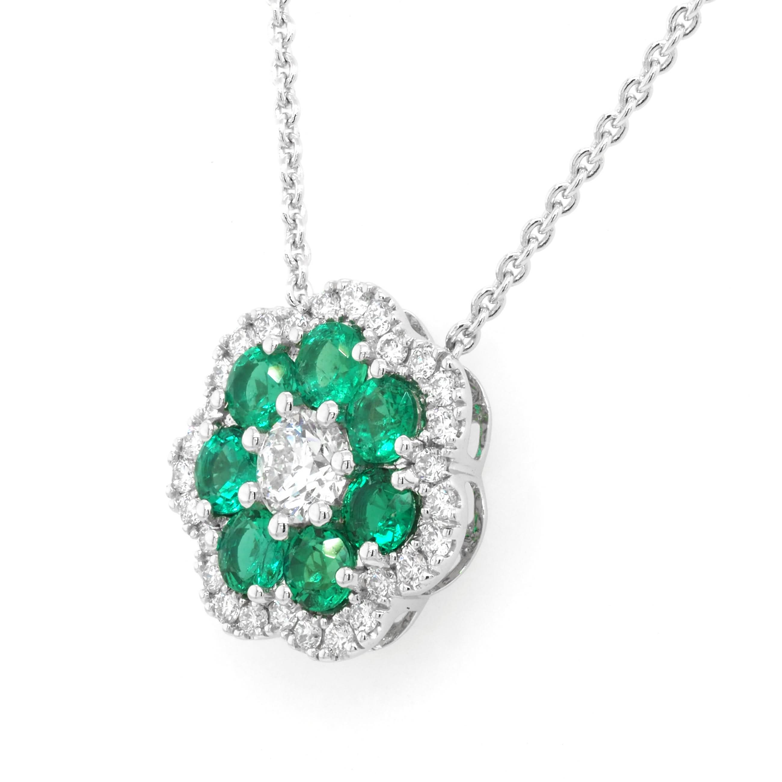 Ogden of Harrogate Jewellery 18ct White Gold Emerald and Diamond Floral Pendant
