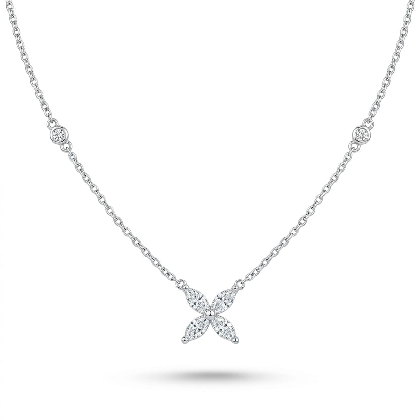 Ogden Of Harrogate Jewellery 18ct White Gold Marquise Diamond Flower Pendant and Chain