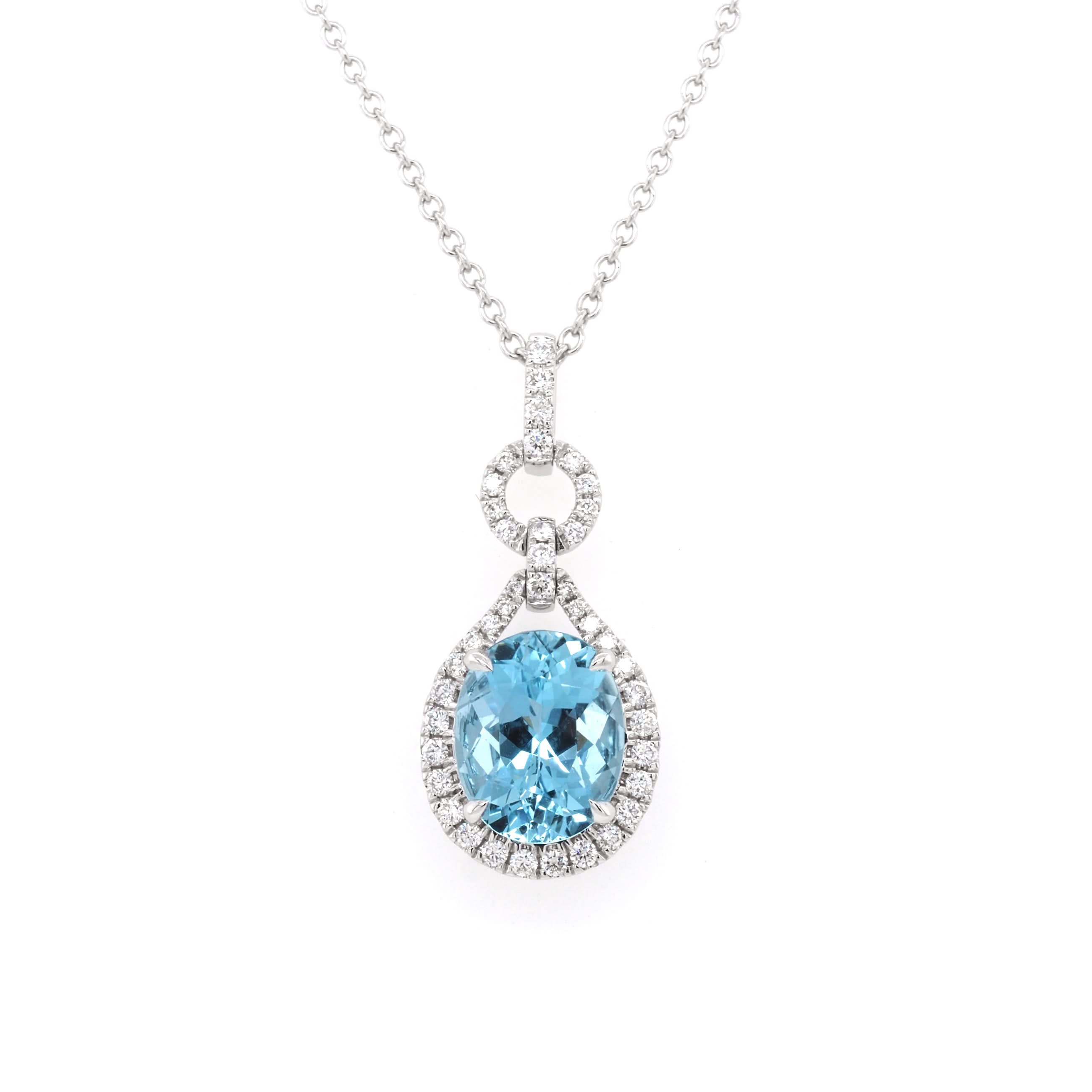 Ogden of Harrogate Jewellery 18ct White Gold Oval Aquamarine and Diamond Cluster Pendant