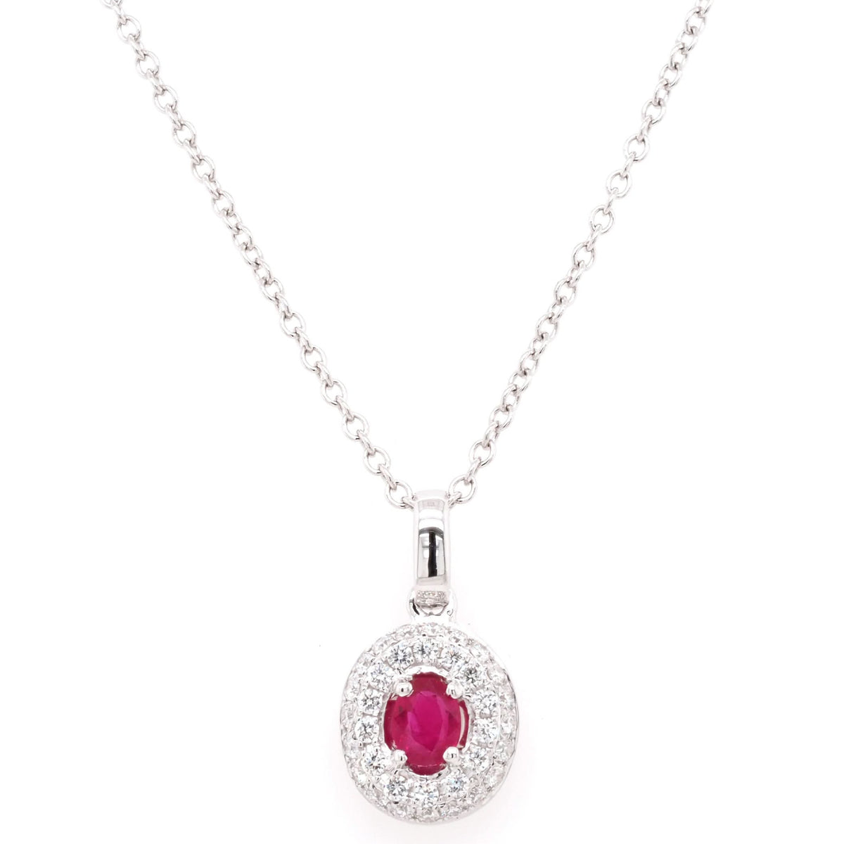 Ogden of Harrogate Jewellery 18ct White Gold Oval Ruby and Diamond Cluster Pendant