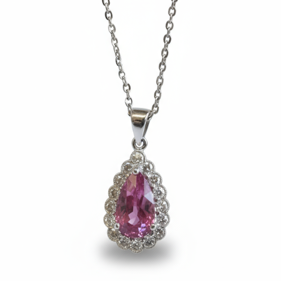Ogden of Harrogate Jewellery 18ct White Gold Pear Cut Pink Sappire Pendant Encased With Diamonds