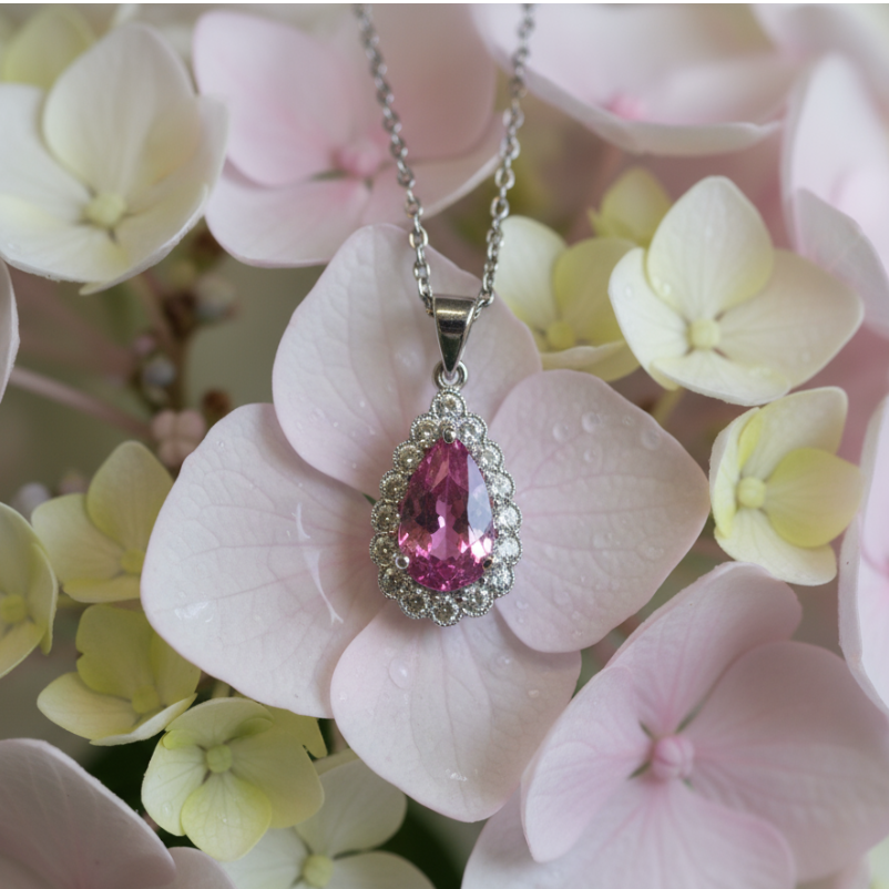 Ogden of Harrogate Jewellery 18ct White Gold Pear Cut Pink Sappire Pendant Encased With Diamonds