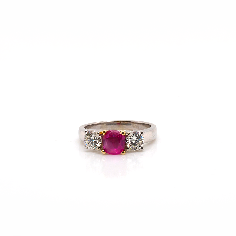 Ogden of Harrogate Jewellery 18ct White Gold Ruby and Diamond Three-Stone Ring