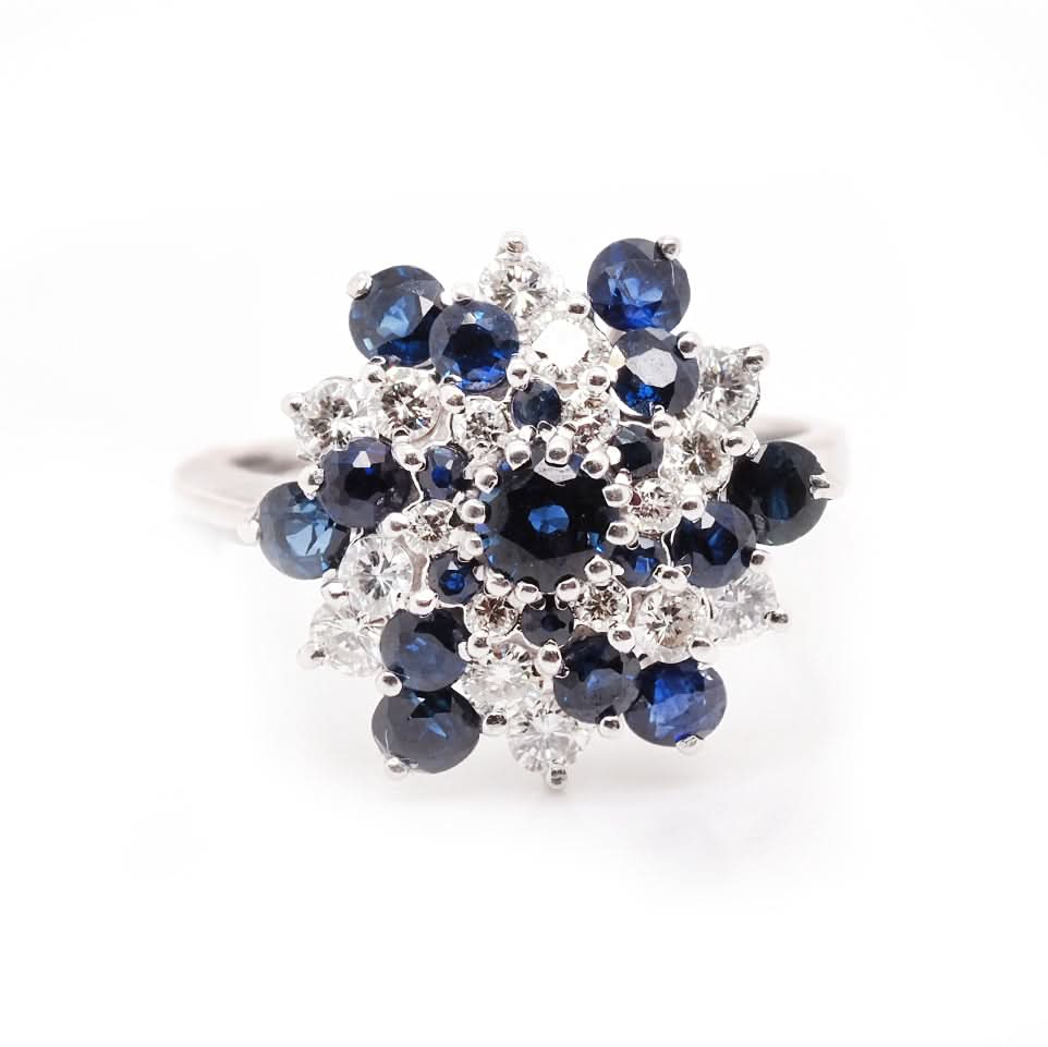 18ct White Gold Sapphire and Diamond Cluster Ring – Ogden Of Harrogate