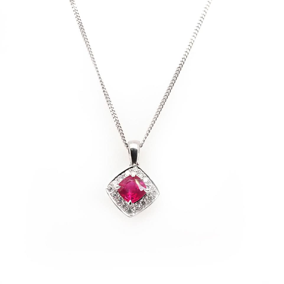 18ct White Gold Square Cushion-Cut Ruby and Diamond Pendant
