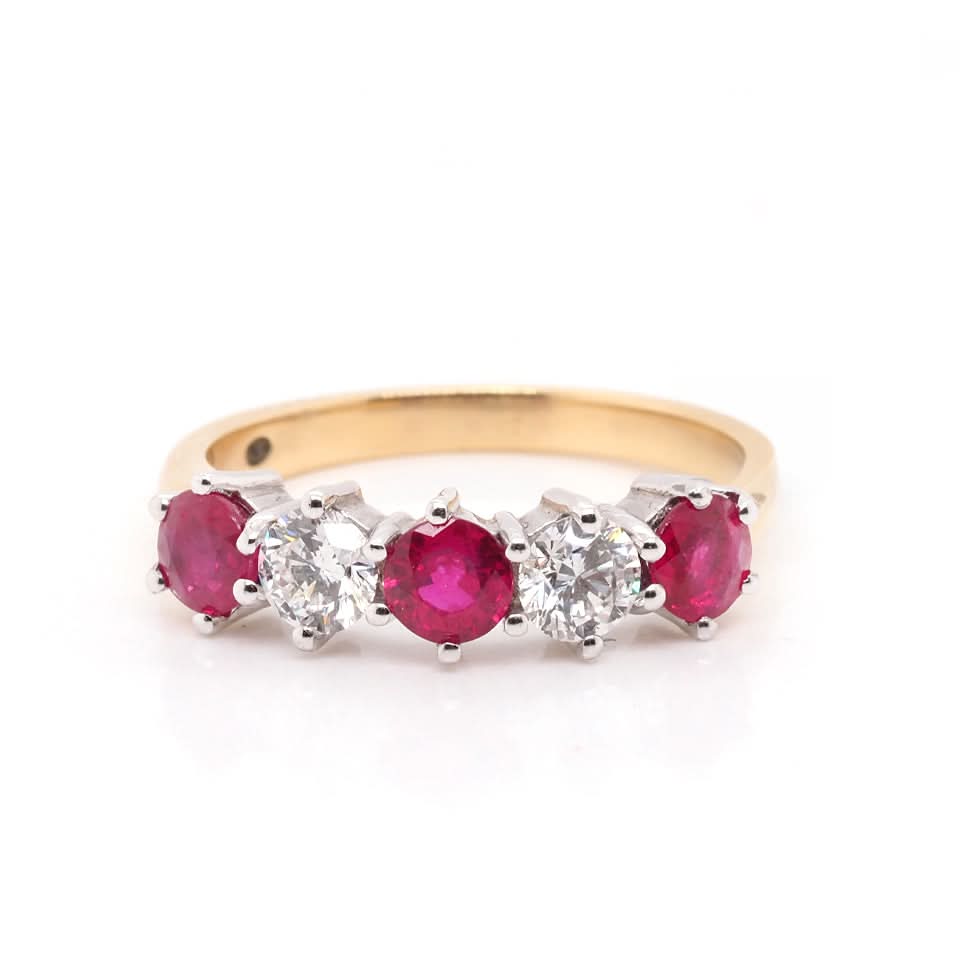 Ogden of Harrogate Jewellery 18ct Yellow Gold Alternating Ruby and Diamond 5-Stone Ring – 1.06ct Ruby, 0.53ct Diamond