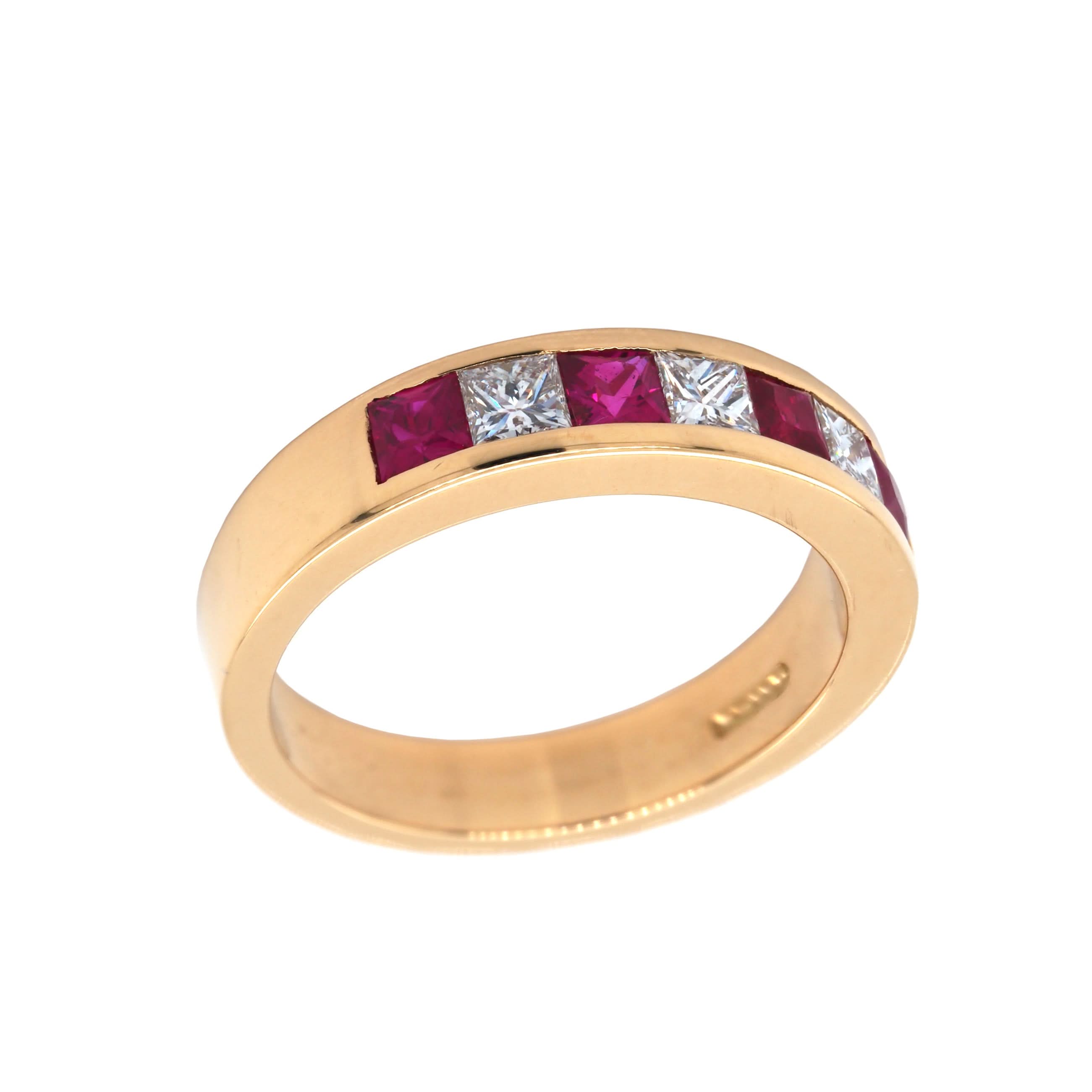 18ct Yellow Gold Channel-Set Ruby and Diamond Half-Eternity Ring