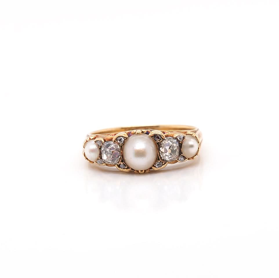 Ogden of Harrogate Jewellery 18ct Yellow Gold Diamond and Natural Pearl Ornate Ring Circa 1900