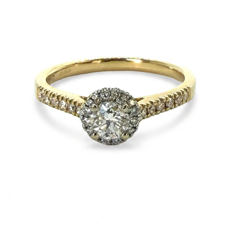 Ogden Of Harrogate Jewellery 18CT YELLOW GOLD DIAMOND HALO CLUSTER RING WITH DIAMOND SHOULDERS