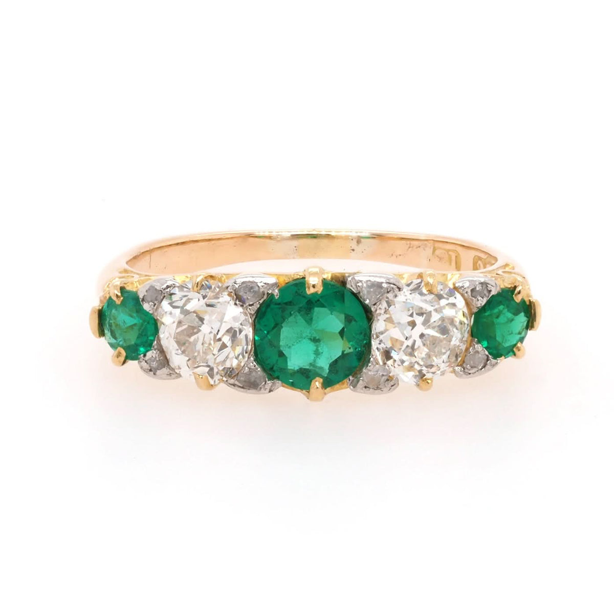 Ogden of Harrogate Jewellery 18ct Yellow Gold Emerald and Diamond Five-Stone Ring, c.1900
