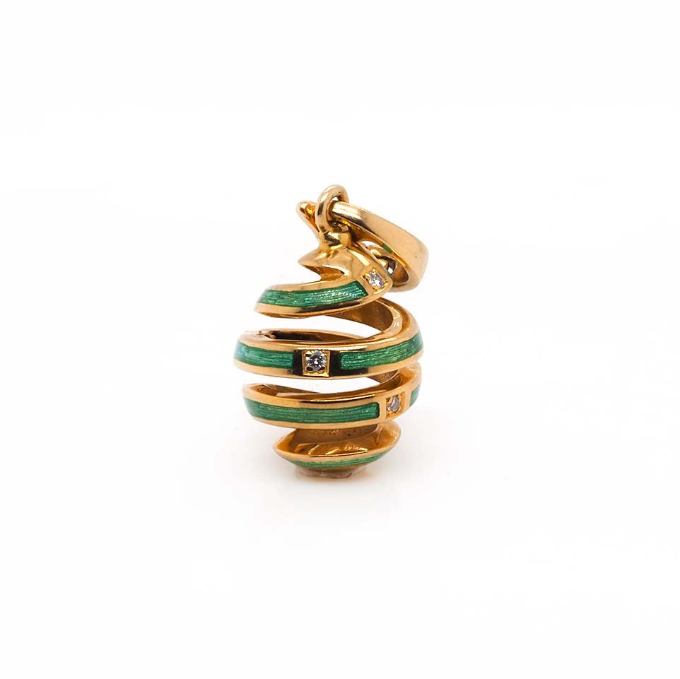 Ogden Of Harrogate Jewellery 18ct Yellow Gold Green Enamel & Diamond-Set Spiral Fabergé Egg Pendant
