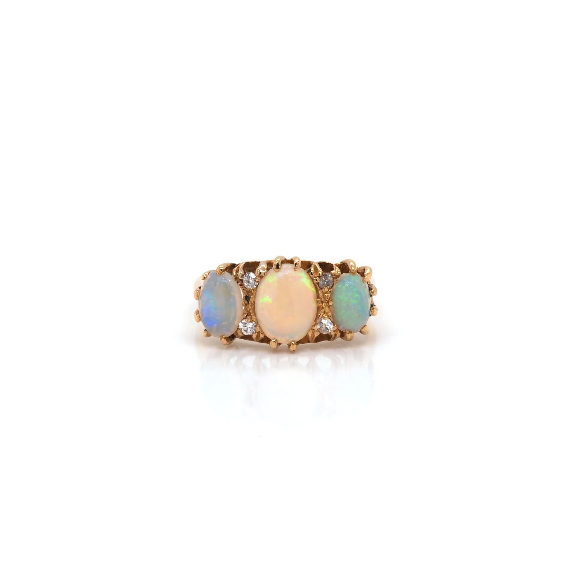 Ogden of Harrogate Jewellery 18ct Yellow Gold Oval Opal and Diamond 3-Stone Ring, c.1930