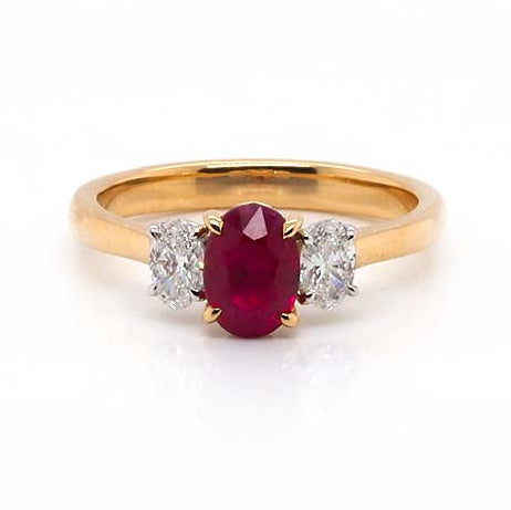 Ogden of Harrogate Jewellery 18ct Yellow Gold Oval Ruby & Diamond Three-Stone Ring