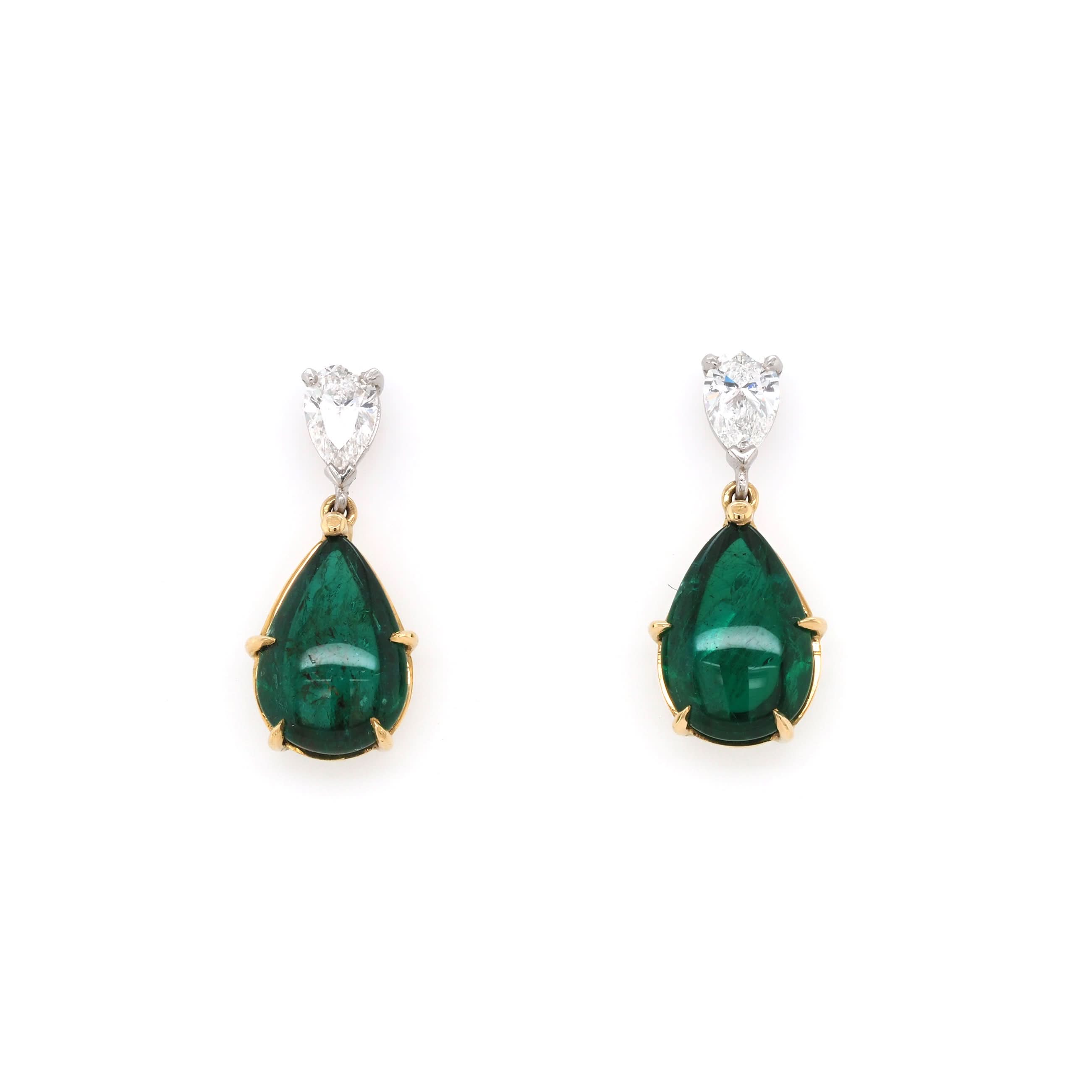 Ogden of Harrogate Jewellery 18ct Yellow Gold Pear Emerald and Diamond Drop Earrings