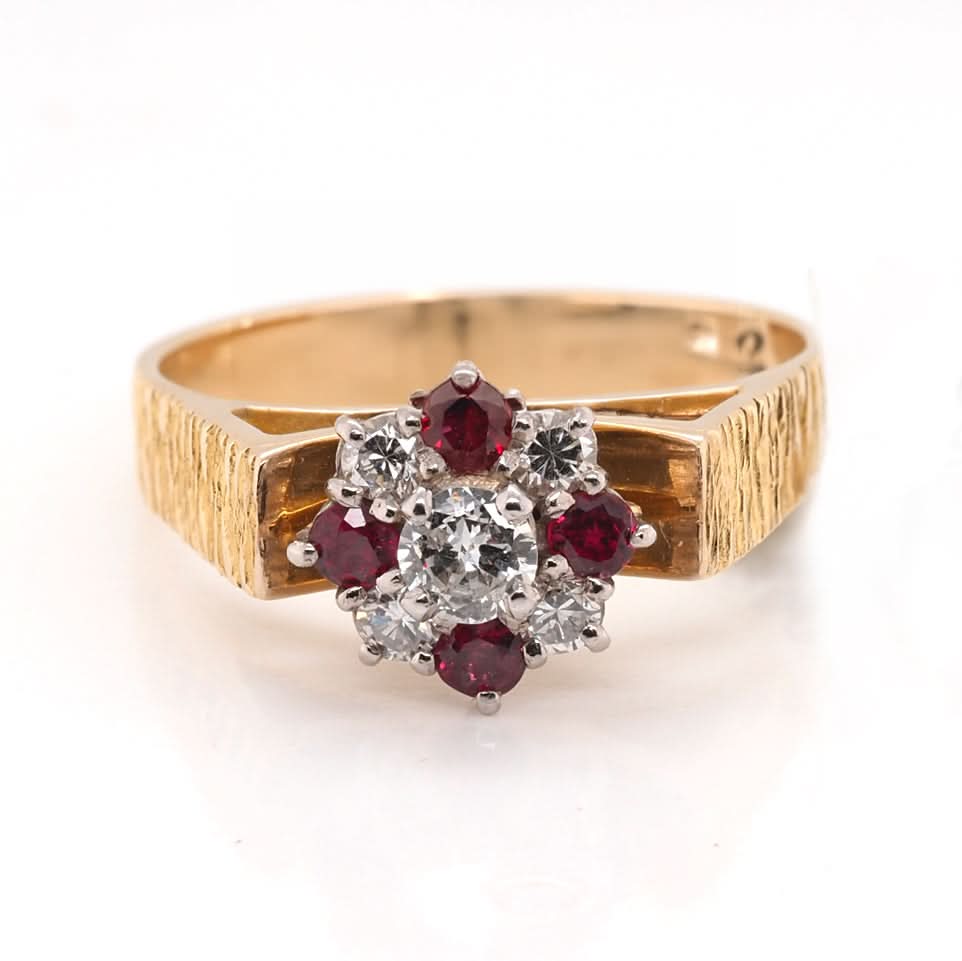 Ogden of Harrogate Jewellery 18ct Yellow Gold Ruby And Diamond Cluster Ring With Patterned Raised Shoulders