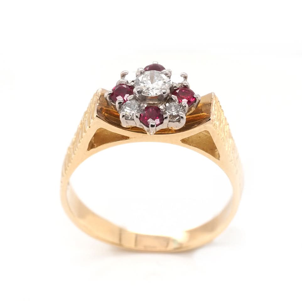 Ogden of Harrogate Jewellery 18ct Yellow Gold Ruby And Diamond Cluster Ring With Patterned Raised Shoulders