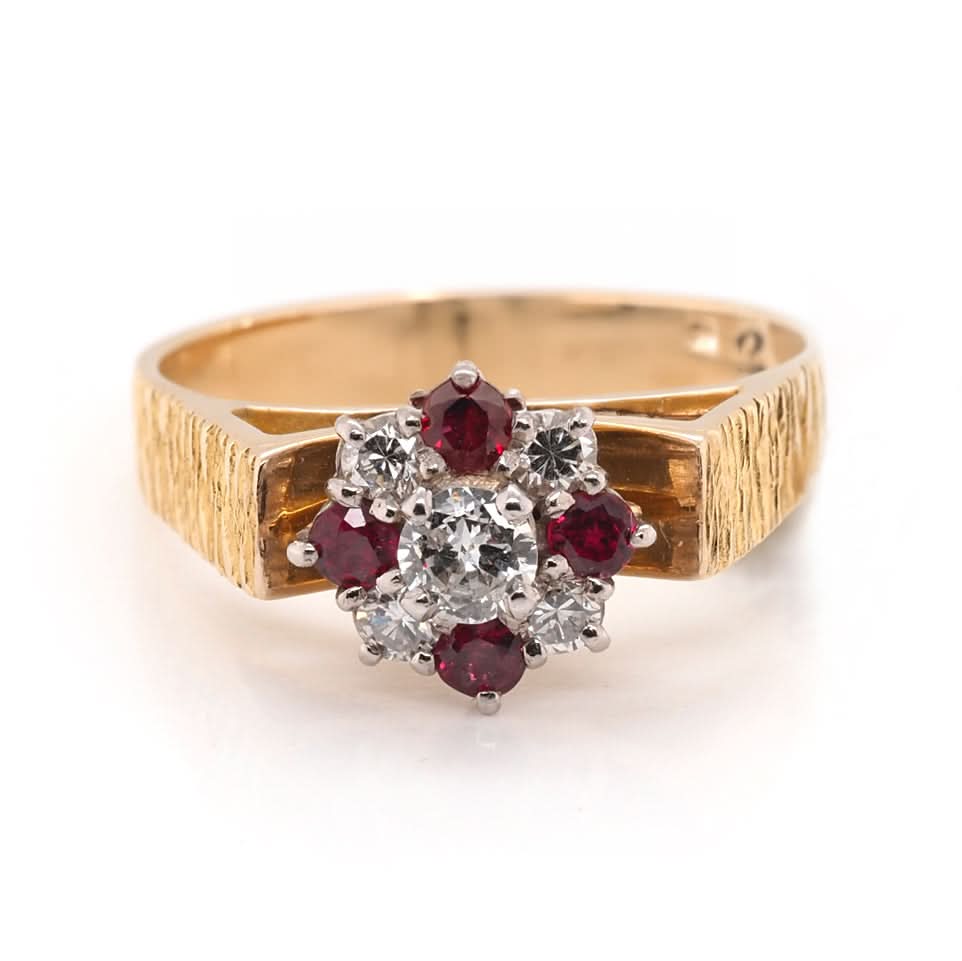 Ogden of Harrogate Jewellery 18ct Yellow Gold Ruby And Diamond Cluster Ring With Patterned Raised Shoulders