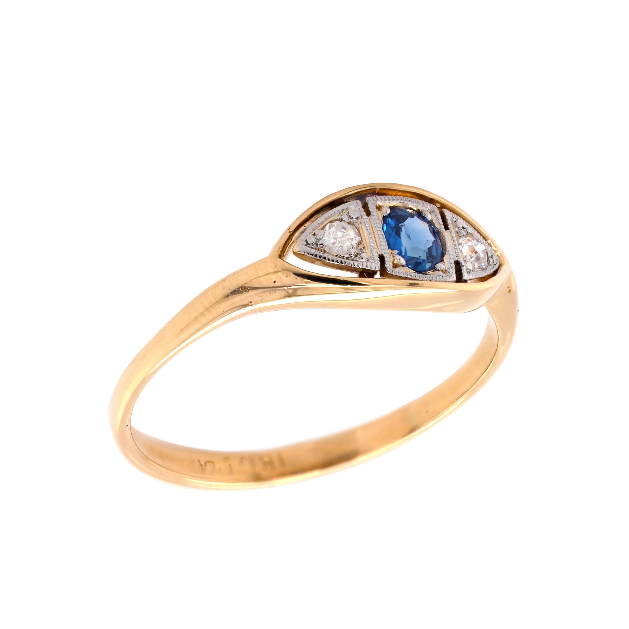 Ogden of Harrogate Jewellery 18ct Yellow Gold Sapphire and Diamond Three-Stone Eye Ring, c.1920