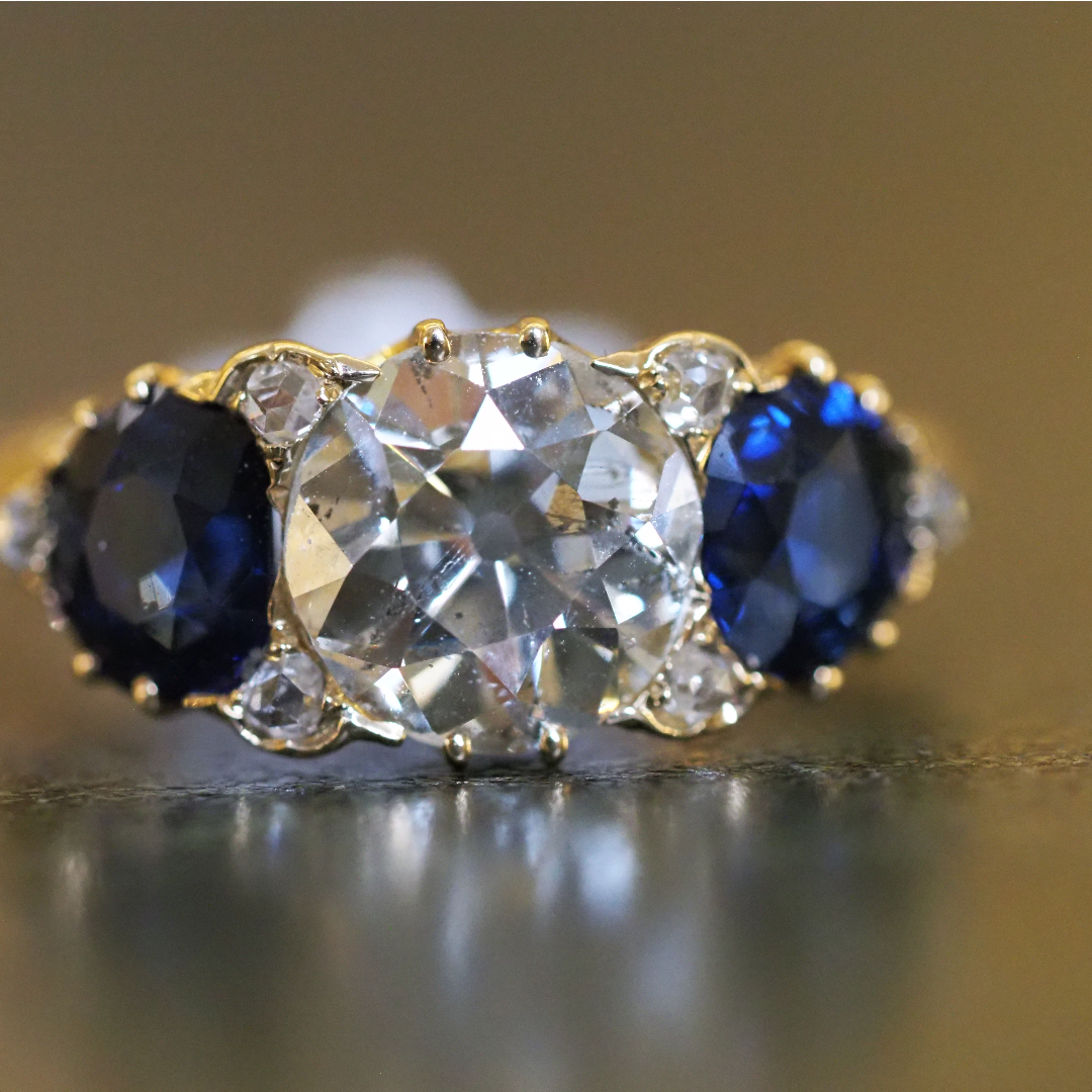 Ogden of Harrogate Jewellery 18ct Yellow Gold Three Stone Diamond and Sapphire Ring