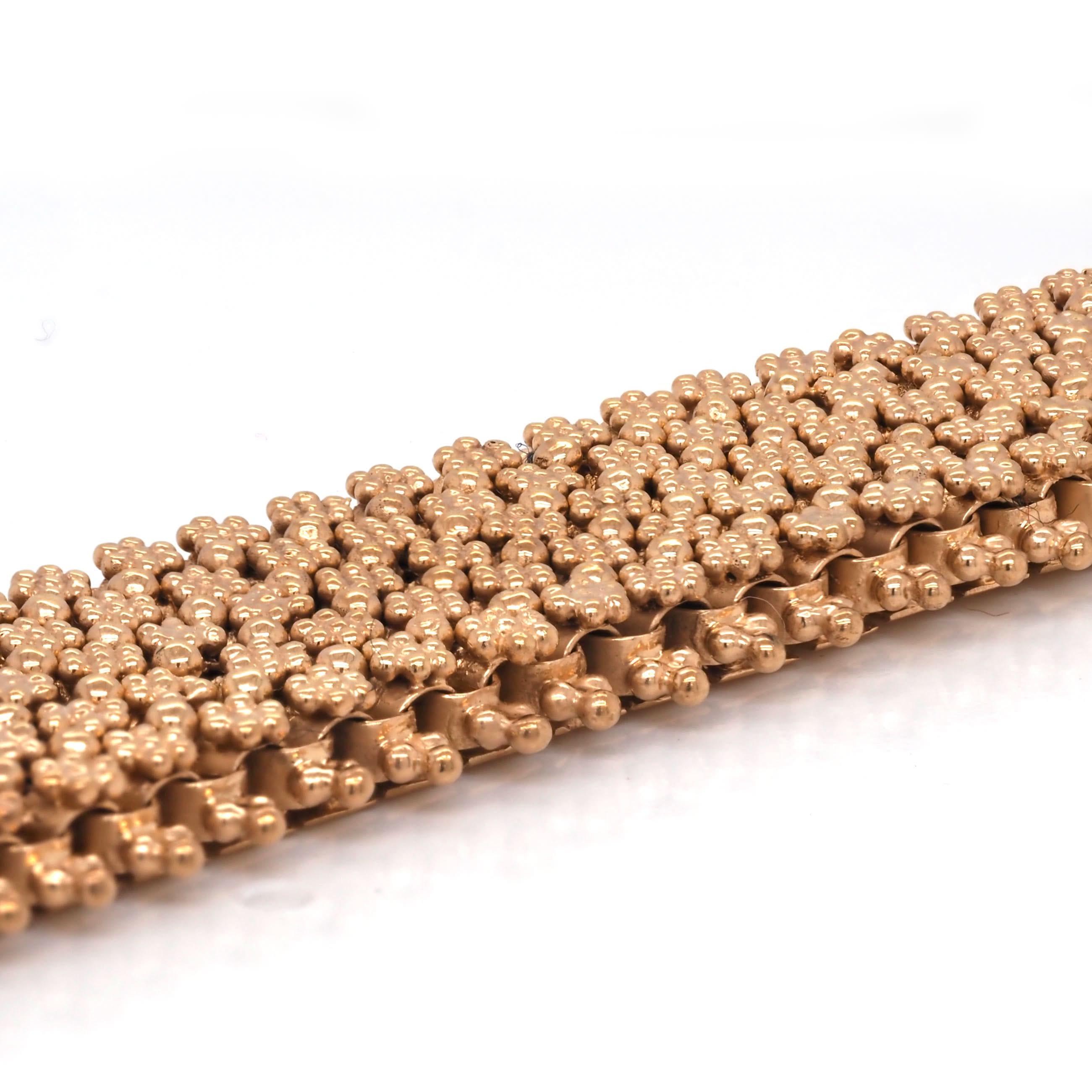 Ogden of Harrogate Jewellery 19.2ct Yellow Gold Ornate Link Wide Bracelet with Red Stone and Seed Pearl Set Clasp