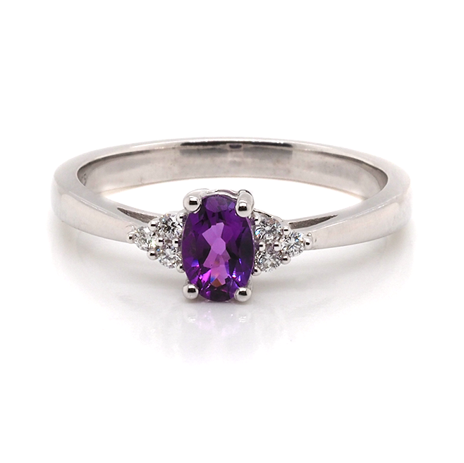 Ogden of Harrogate Jewellery 9ct White Gold Oval Amethyst & Trefoil Diamond Shoulder Ring