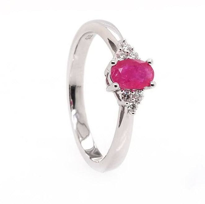 Ogden of Harrogate Jewellery 9ct White Gold Oval Ruby Ring with Trefoil Diamond-Set Shoulders
