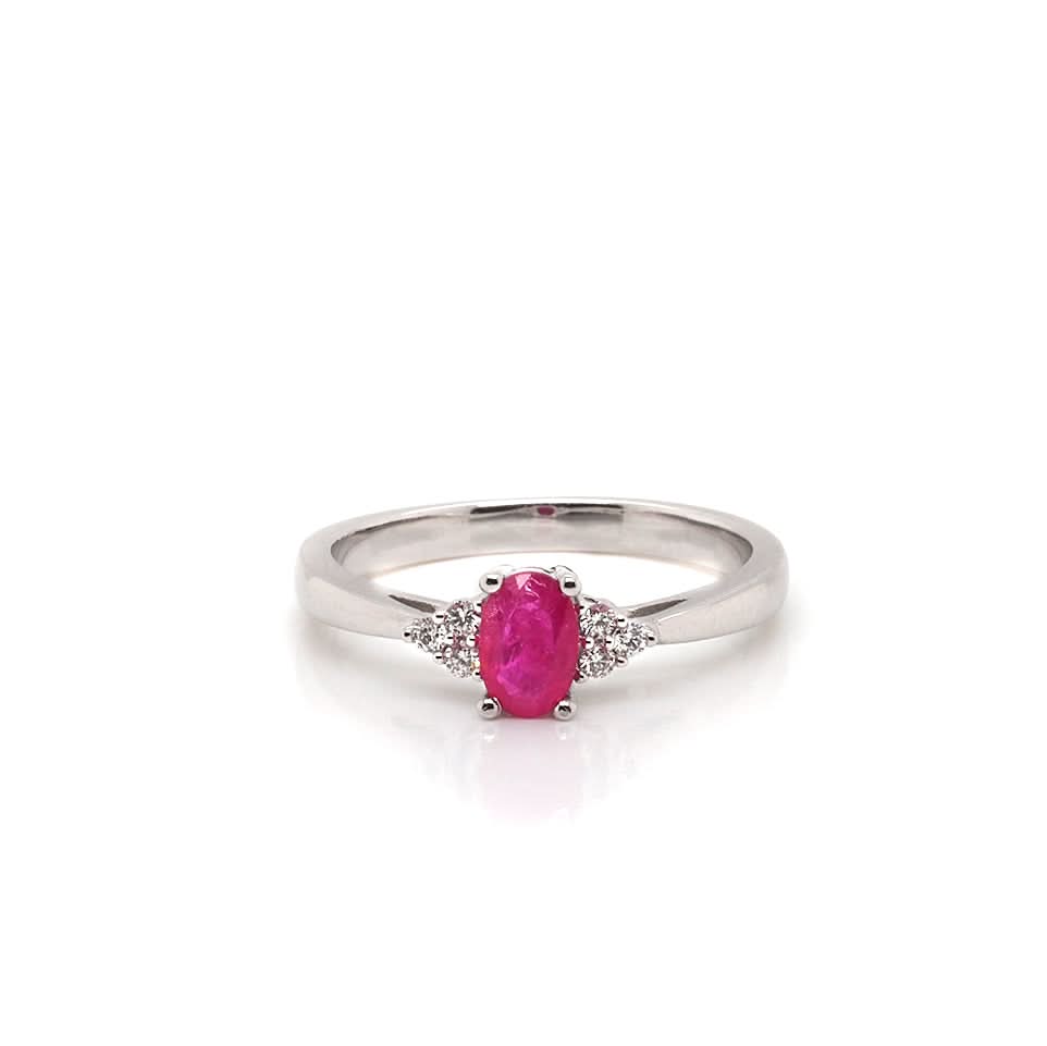 Ogden of Harrogate Jewellery 9ct White Gold Oval Ruby Ring with Trefoil Diamond-Set Shoulders