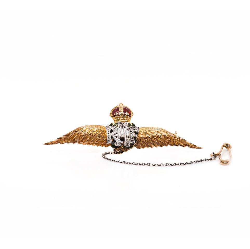 Ogden of Harrogate Jewellery 9ct Yellow Gold RAF Brooch – Diamond and Enamel Detail with Safety Chain