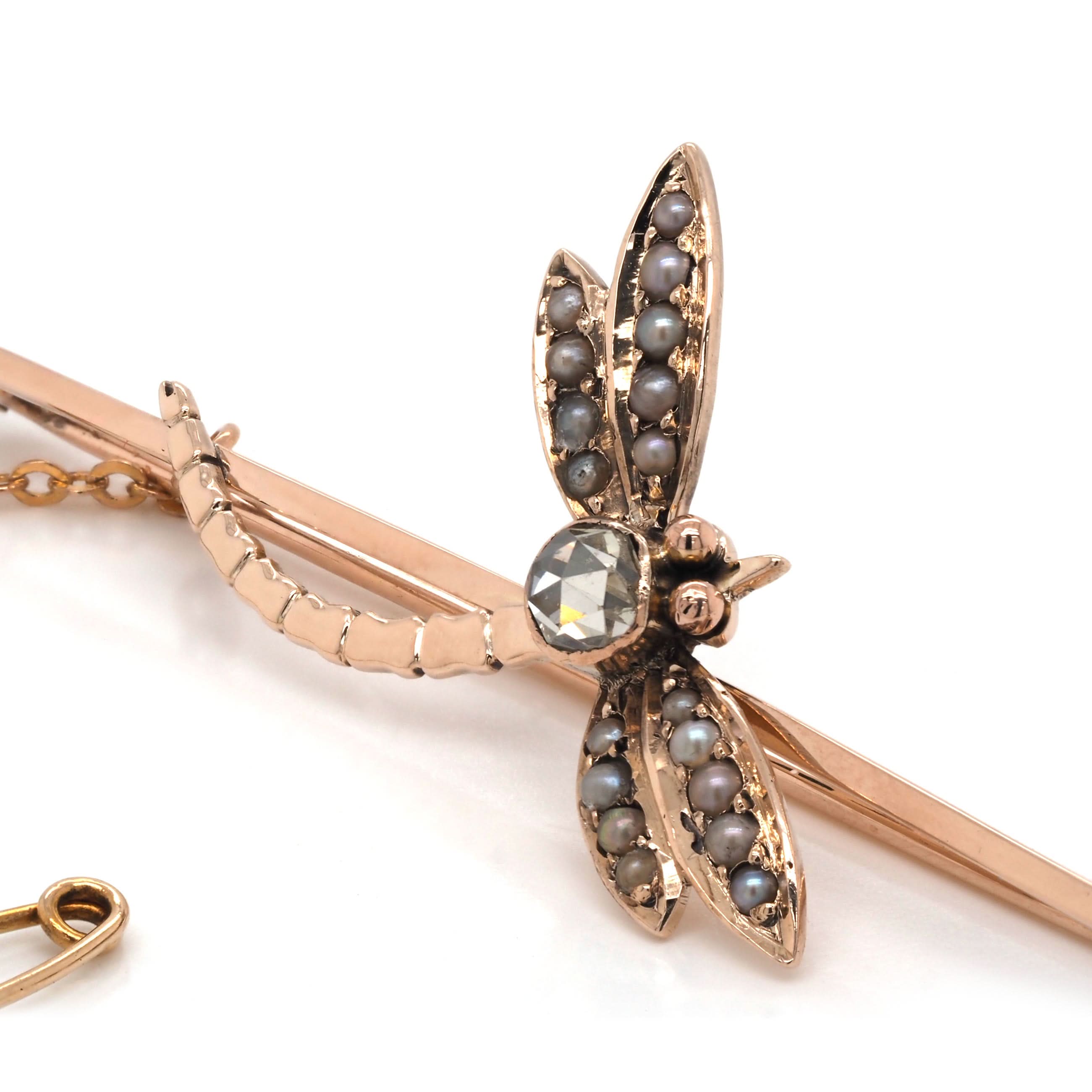Ogden of Harrogate Jewellery 9ct Yellow Gold Rose-Cut Diamond and Pearl-Set Dragonfly Bar Brooch