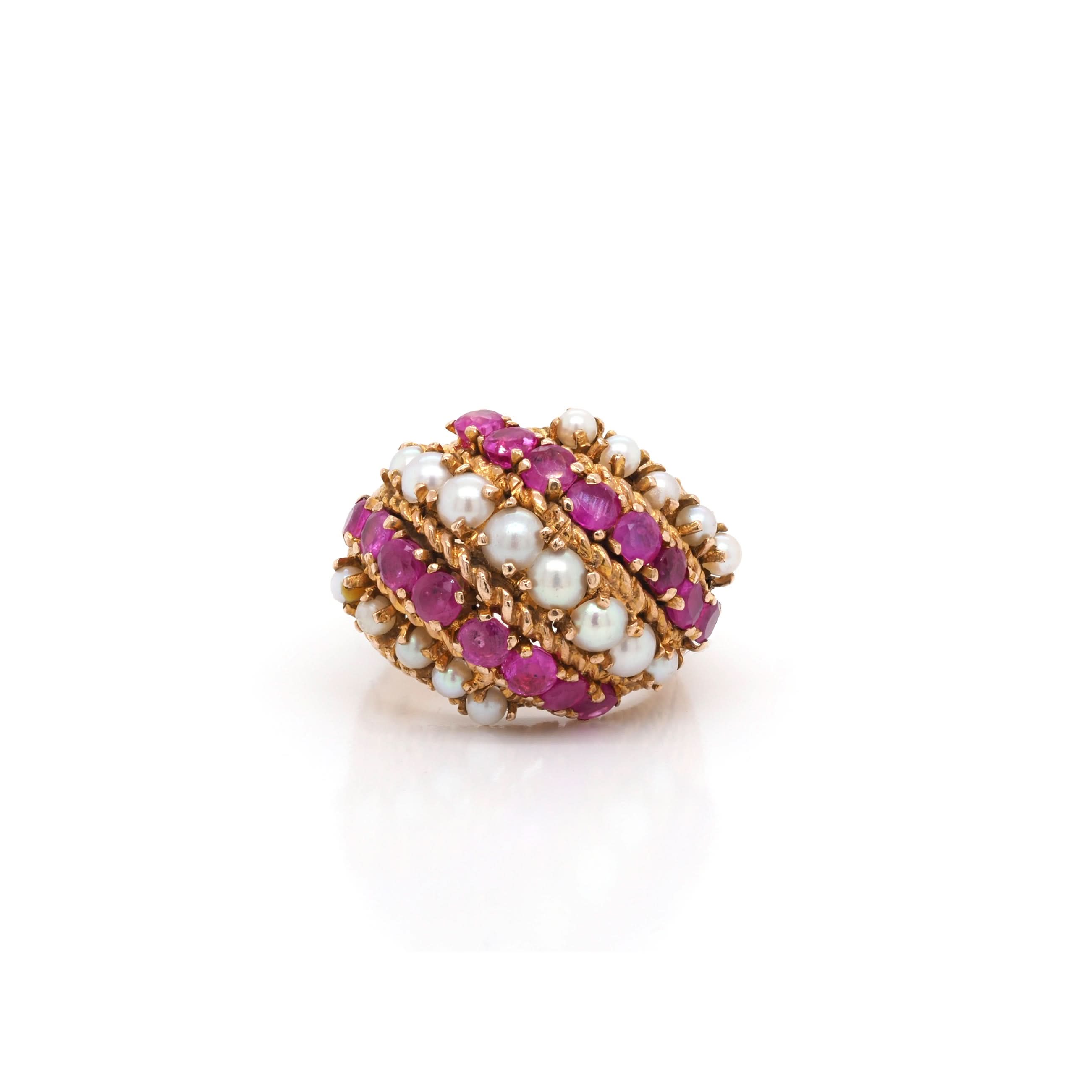 Ogden of Harrogate Jewellery 9ct Yellow Gold Ruby and Pearl Bombe Ring