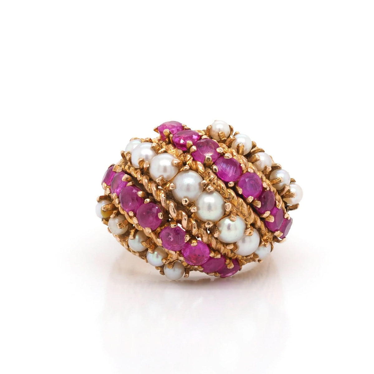 Ogden of Harrogate Jewellery 9ct Yellow Gold Ruby and Pearl Bombe Ring
