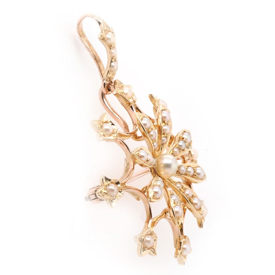 Ogden of Harrogate Jewellery 9ct Yellow Gold Star/Flower Shaped Pearl Pendant/Brooch – Circa 1910