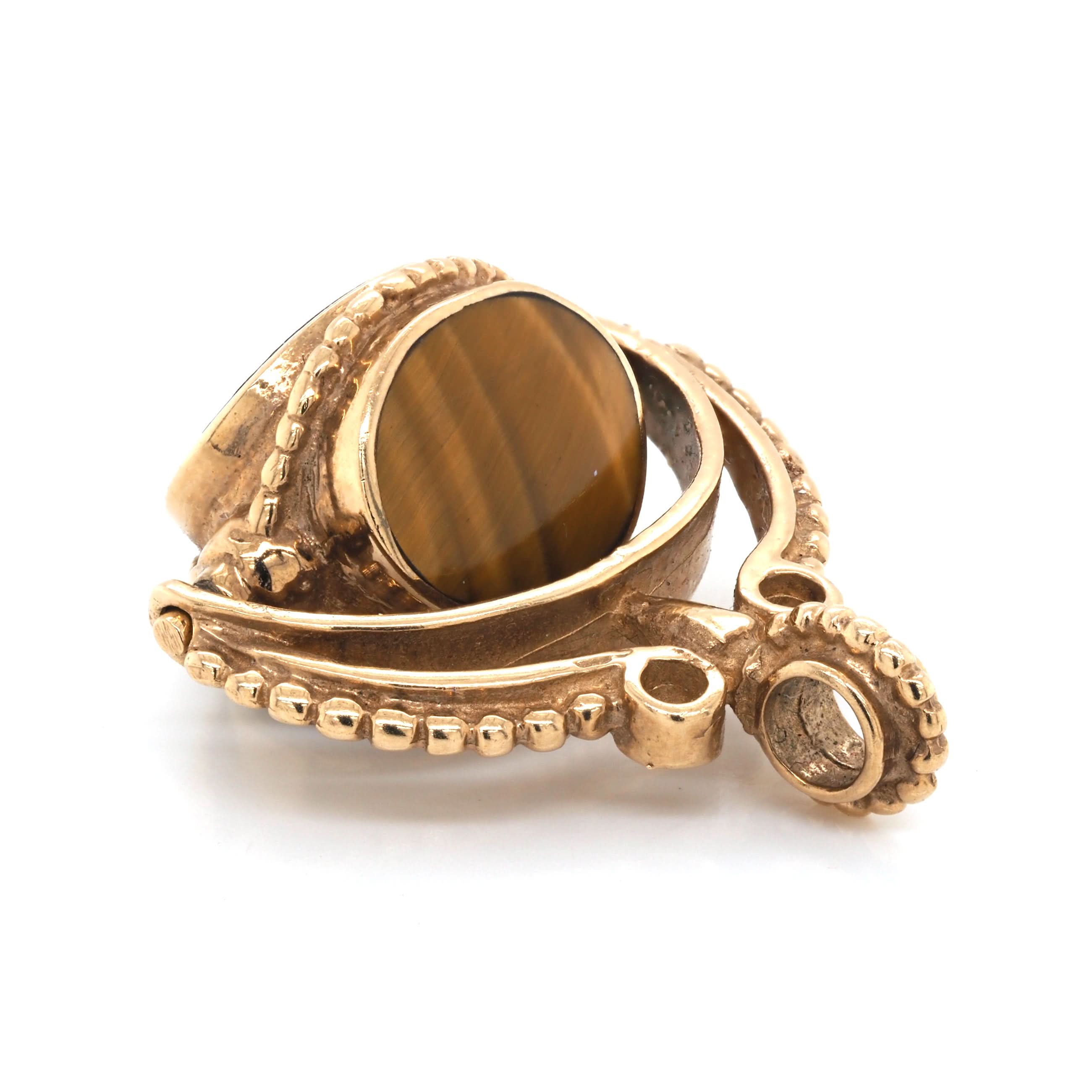 Ogden of Harrogate Jewellery 9ct Yellow Gold Three-Stone Onyx, Carnelian, and Tiger Eye Swivel Fob, c.1982