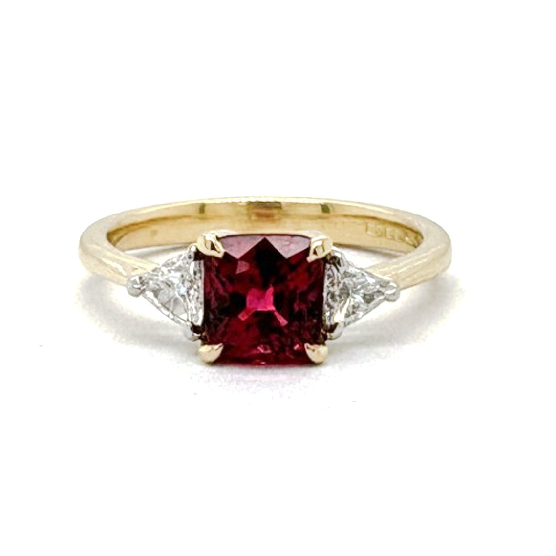 Ogden Of Harrogate Jewellery A Burmese Red Spinel and Diamond Three-stone Ring