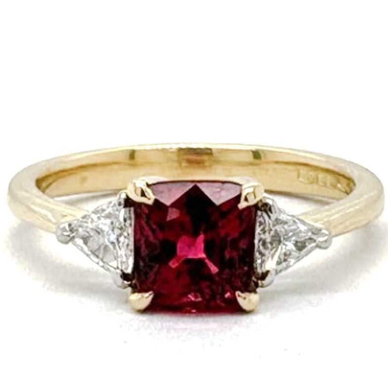 Ogden Of Harrogate Jewellery A Burmese Red Spinel and Diamond Three-stone Ring