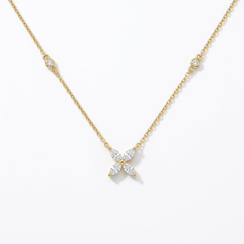 Ogden Of Harrogate Jewellery A Dmarquise-Cut Diamond Flower Style Necklace in 18ct Yellow Gold