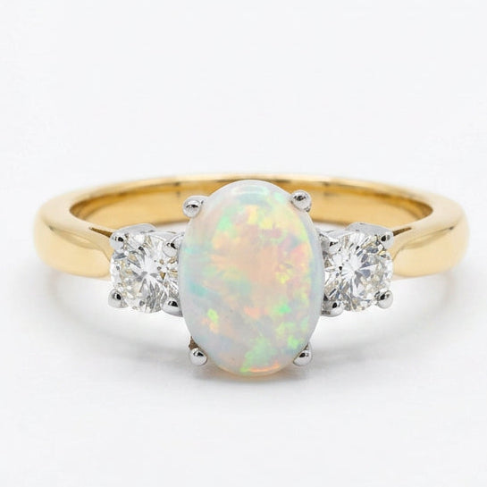 Ogden Of Harrogate Jewellery A Opal and Diamond Three Stone Dress Ring in 18ct Yellow Gold