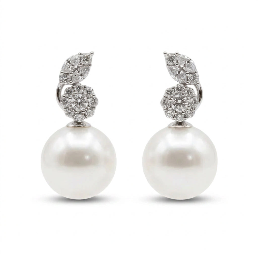 Ogden Of Harrogate Jewellery A Pair of Diamond and South Sea Pearl Drop Earrings in 18ct White Gold