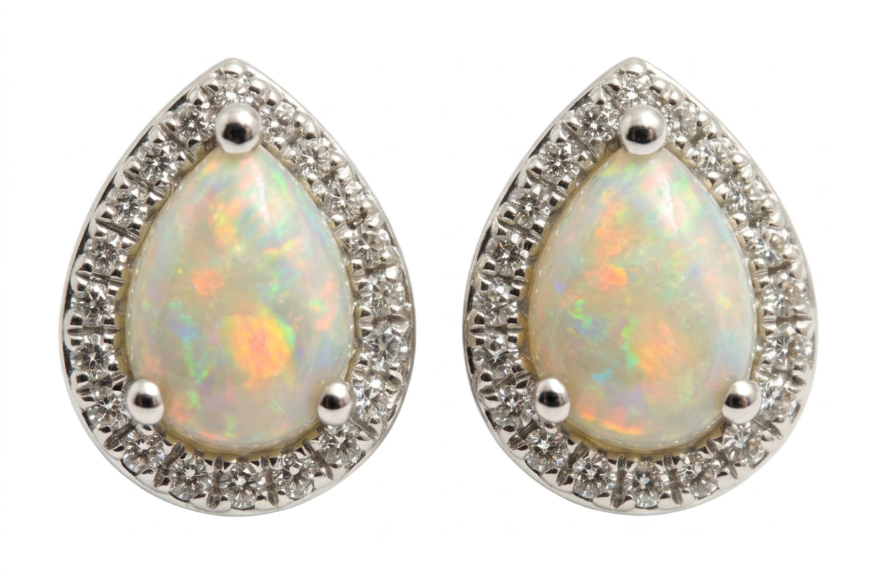 Ogden Of Harrogate Jewellery A Pair of Opal and Diamond Pear Shaped Earrings in 18ct White Gold