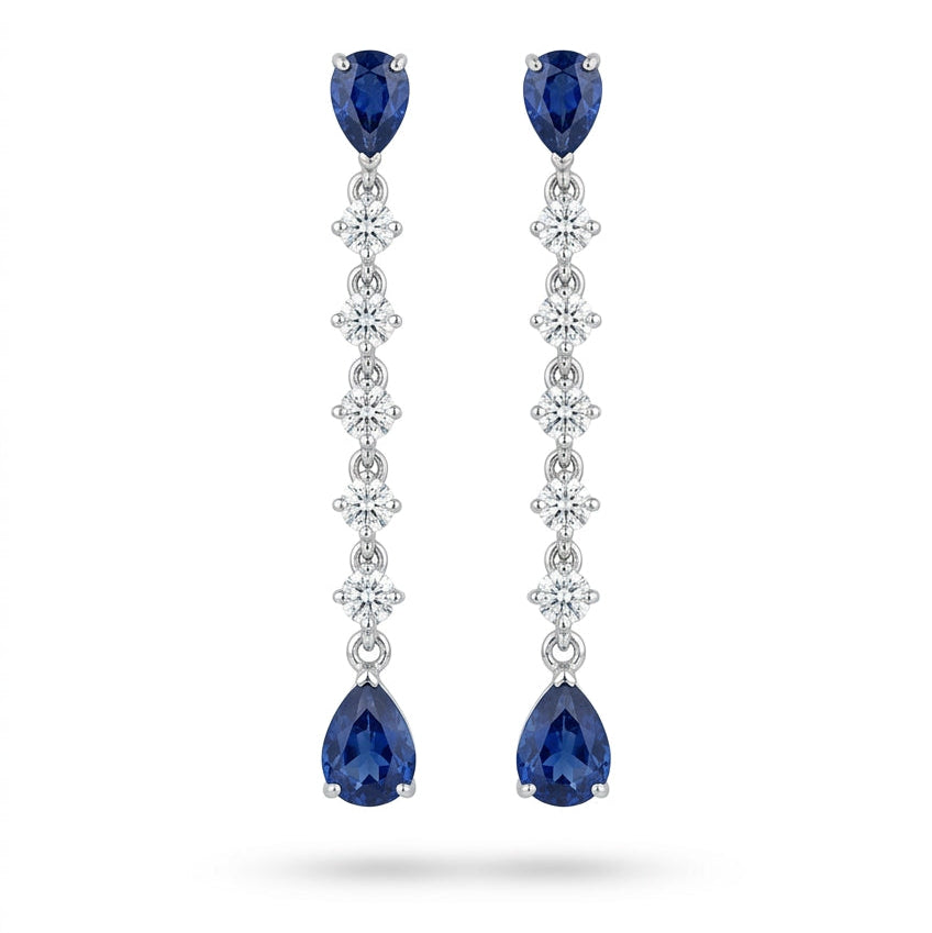 Ogden Of Harrogate Jewellery A Pair of Pear Shaped Sapphire and Diamond Drop Earrings  in 18ct White Gold