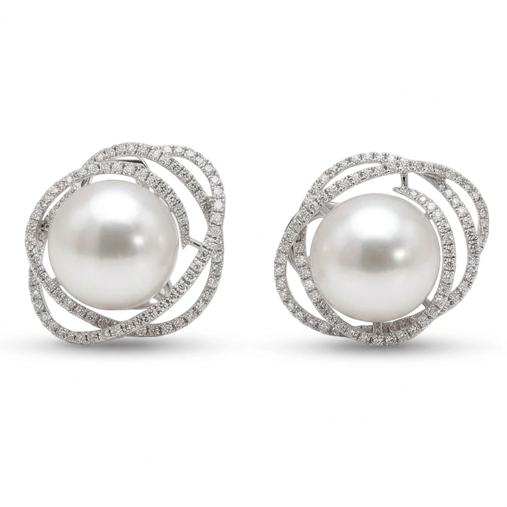 Ogden Of Harrogate Jewellery A Pair of South Sea White Pearls and Diamond Earrings in 18ct White Gold