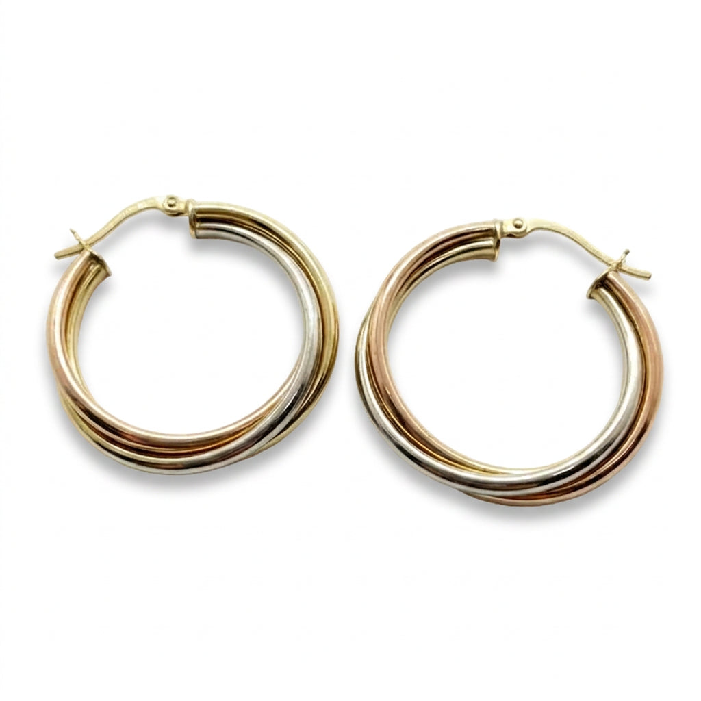 Ogden Of Harrogate Jewellery A Three Coloured Twisted Hoop Earrings in 9ct Yellow, White and Rose Gold